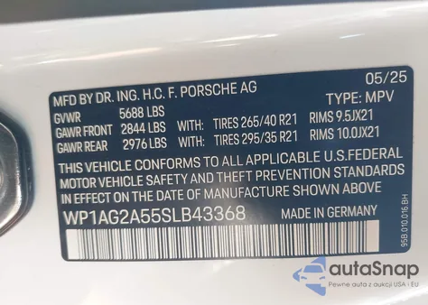 2025 Porsche Macan S z USA, uszkodzony, nr VIN WP1AG2A55SLB43368